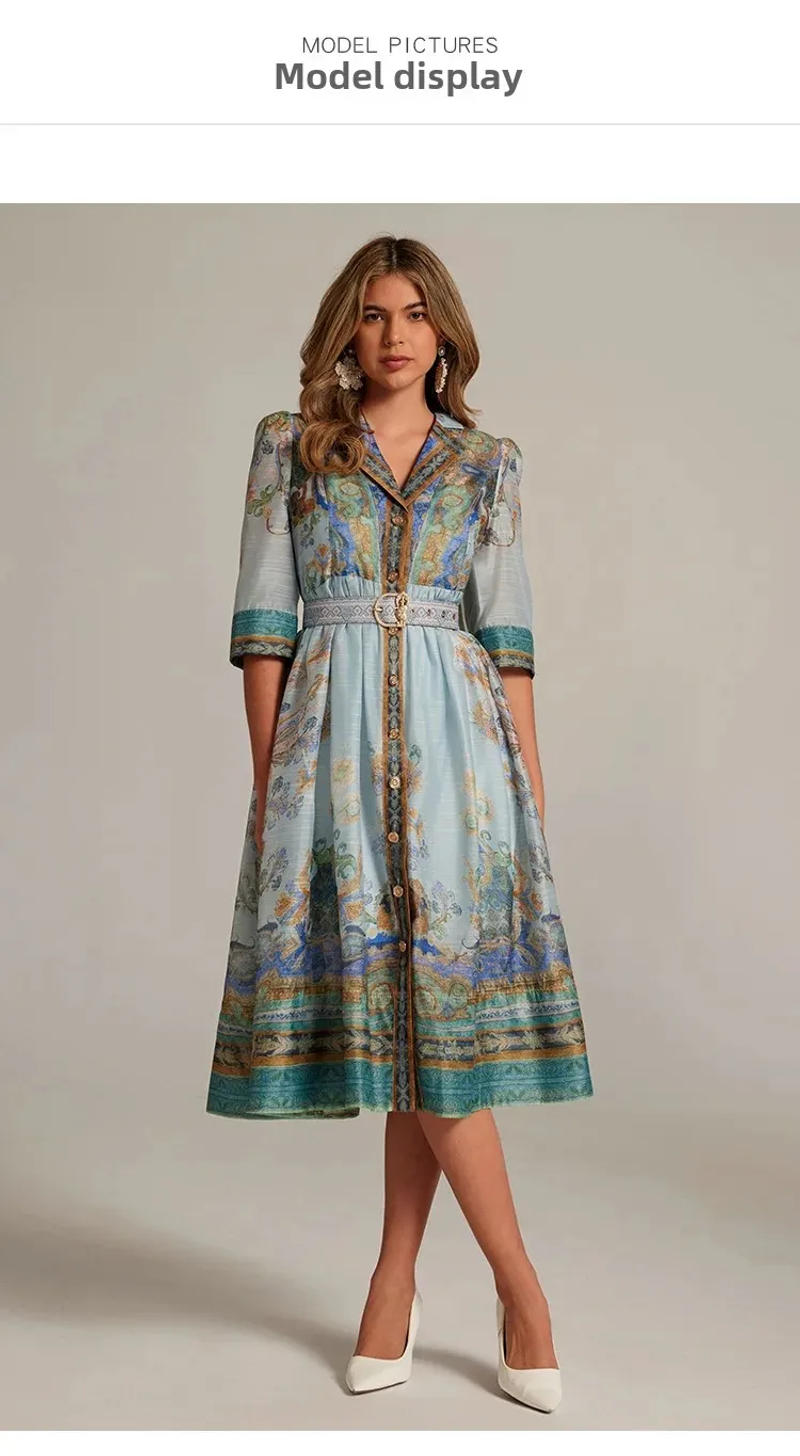 Description Picture 4 of itemFrench Style Long Printed Dress with Single Button Jacket Neck Design Women's Belted Gown Maxi Skirt One Piece Outfit