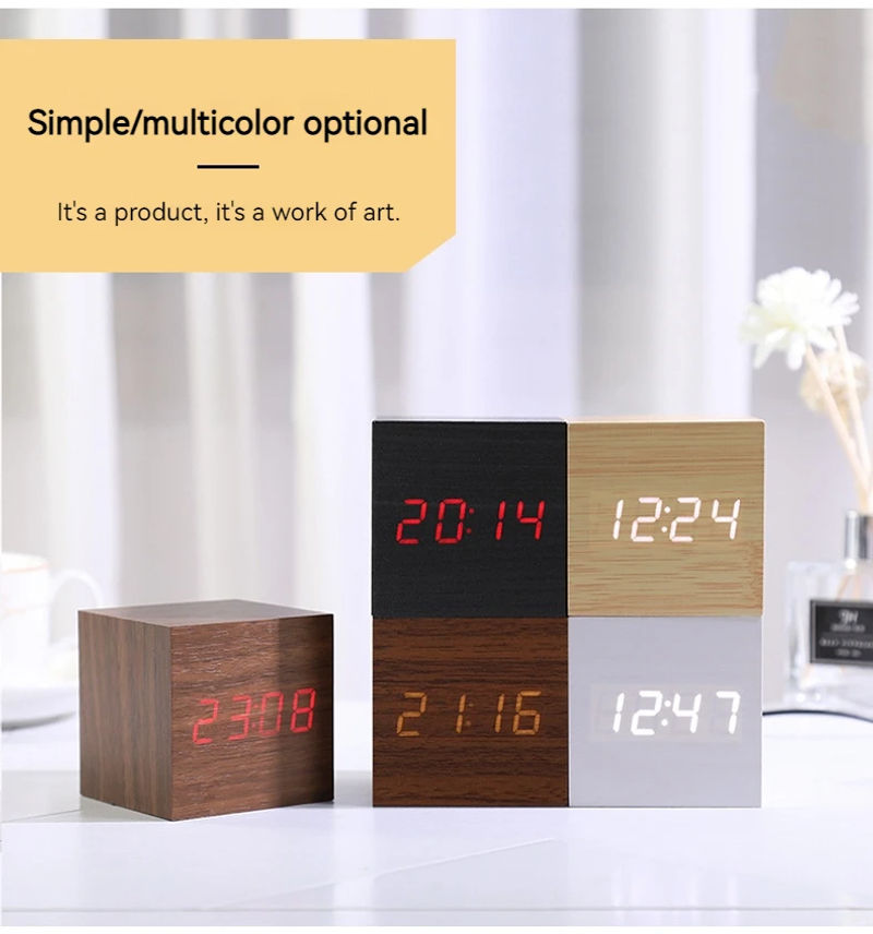 Description Picture 2 of itemWooden Digital Alarm Clock with Temperature Cube, Art Ornaments, Decoration Supplies, USB/AAA Powered, Electronic Desktop Clocks