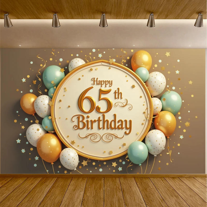Description Picture 3 of itemGolden Happy 65th Birthday Banner Backdrop Birthday Party Decoration Photo Background Cake Table Banner Photography Props