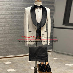 White Floral Suits Men Formal Wedding Tuxedos Jacquard Black Velvet Lapel Blazer Sets Tailored Made 3 Pieces Business Male Dress