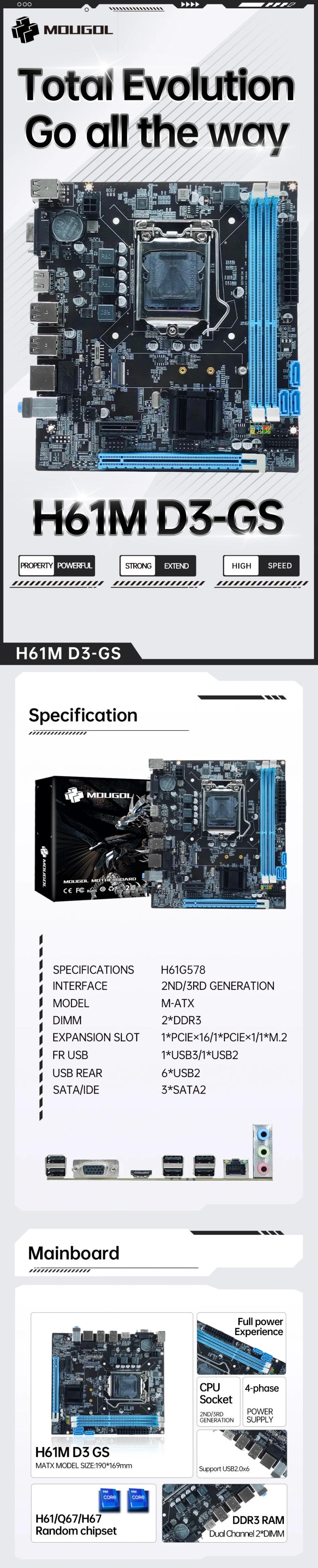 Description Picture 2 of itemMOUGOL H61M Gaming Motherboard M.2 NVME PCIEx16 DVI Supports Dual-channel DDR3 RAM Intel Core 2/3 Gen CPU LGA1155 for Desktop PC