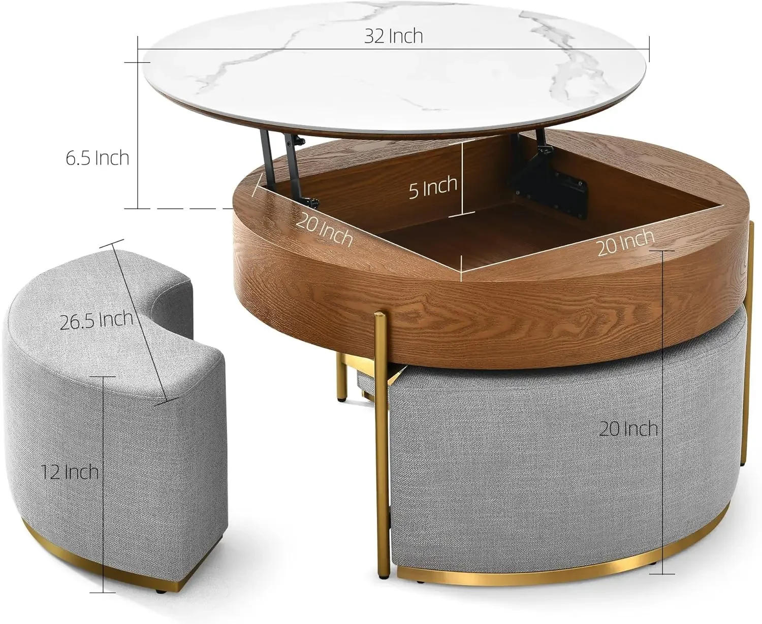 Description Picture 3 of itemDWVO 32" L Round Marbling Pattern Slate Coffee Table with Storage 3 Stools Wood Rustic Boho Lift Top Coffee Table Set for Living