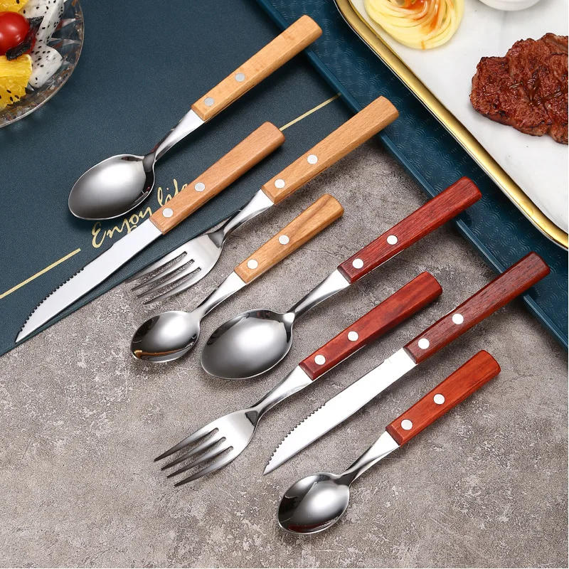 Description Picture 4 of itemWood Handle Dinnerware Set Stainless Steel Knife Fork Spoon Teaspoon with Rivet Flatware Cutlery Set Tableware Utensils for Kitc