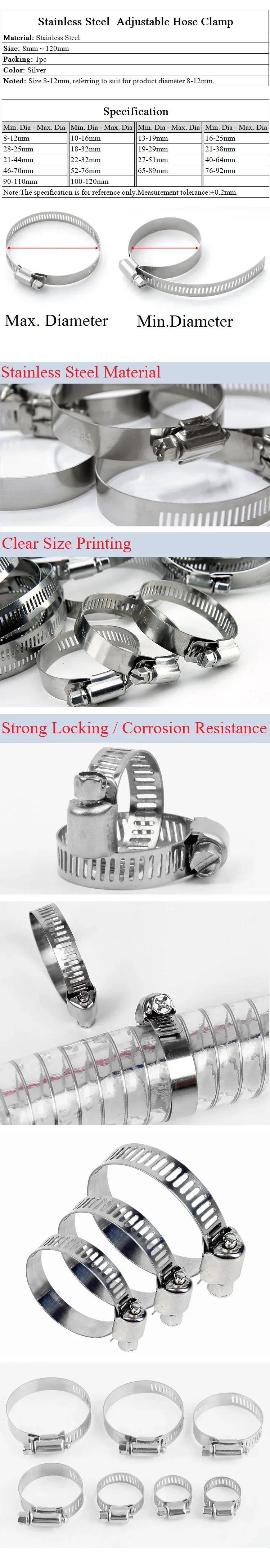Description Picture 2 of item5/10pcs Stainless Steel Drive Hose Clamps Adjustable 8mm~120mm Tri Gear Worm Fuel Tube Water Pipe Fixed Clip Spring Cramps