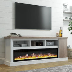 75” Fireplace TV Stand with 60” Electric Fireplace Chunky Entertainment Center with Wood Grain Color Clash Entertainment Stand
