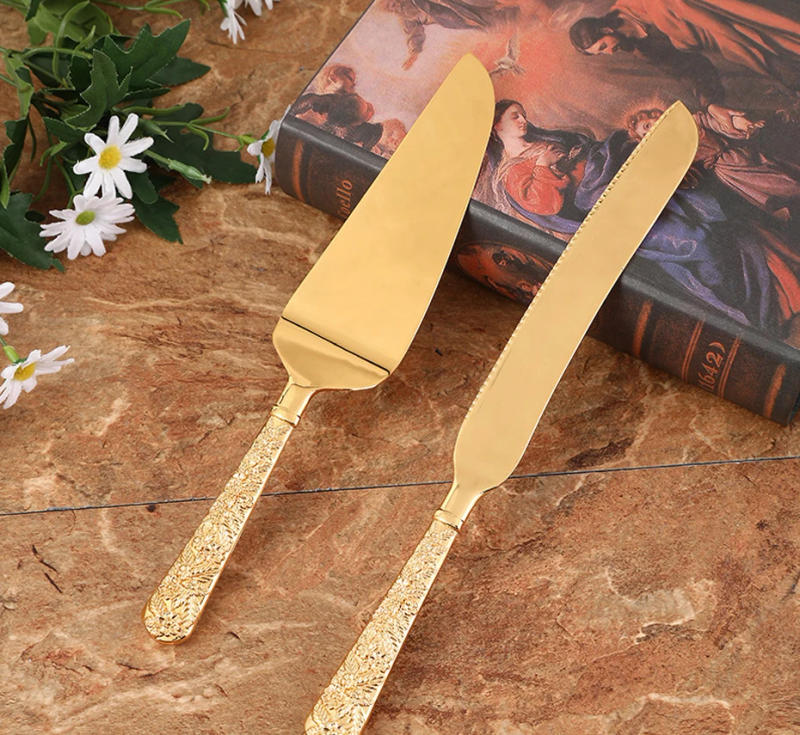 Description Picture 3 of itemKonco Cake Knife And Server Set,2 PCS Gold Cake Cutting Utensils Engraved Cake Cutter and Serving Spatula for Wedding Party