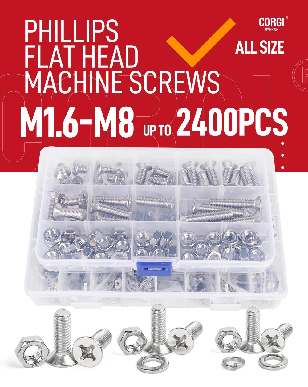 Description Picture 2 of itemUNC 304 Stainless Steel Phillips Flat Head Machine Screws Nuts Assortment Kit up to 2400 M1.6 M2 M2.5 M3 M4 M5 M6 M8 Full Thread