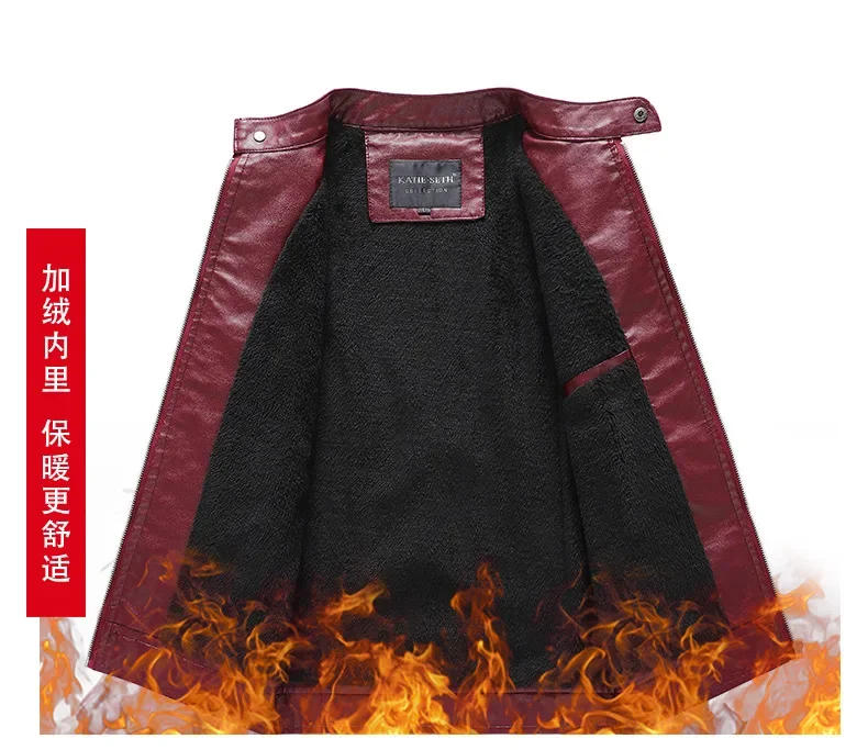 Description Picture 3 of itemMen's Motorcycle Jacket Stand Neck Thickened Warm Cuff Zipper Tight Fashion Leather Jacket High Quality Casual PU Leather Jacket