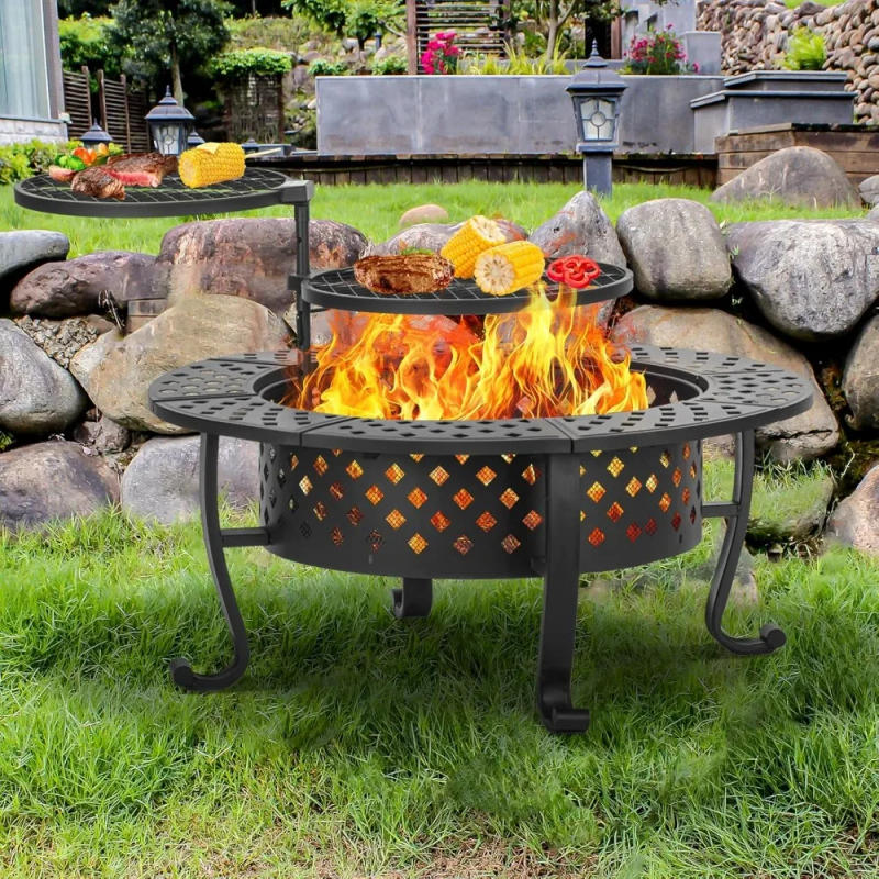 Description Picture 3 of item42 Inch Fire Pit with 2 BBQ Grills, Wood Burning Fire Pits for Outside with Lid Fire Poker, BBQ Outdoor Firepit Round Metal