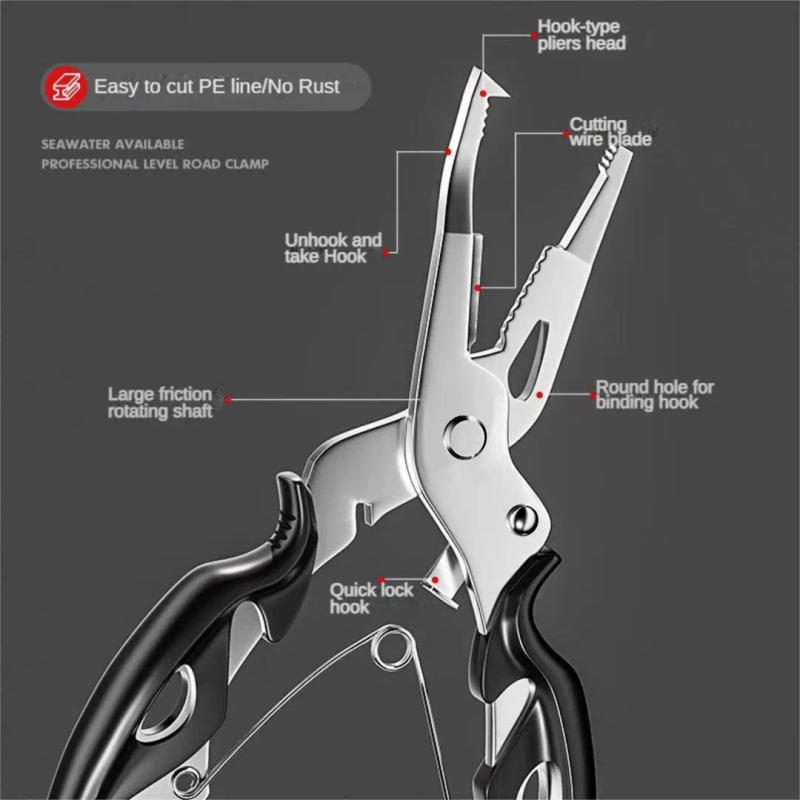 Description Picture 4 of itemMultifunctional Curved Mouth Road Sub Pliers Cutting Lines Uncoupling Fish Hooks Opening Coils Outdoor Fishing Tools Plier