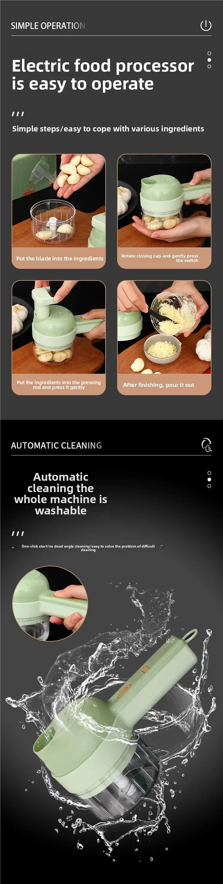 Description Picture 5 of itemElectric Vegetable Cutter Set Handheld Wireless Electric Garlic Masher Food Chopper Meat Grinder Machine Food Peel Slice 4In1