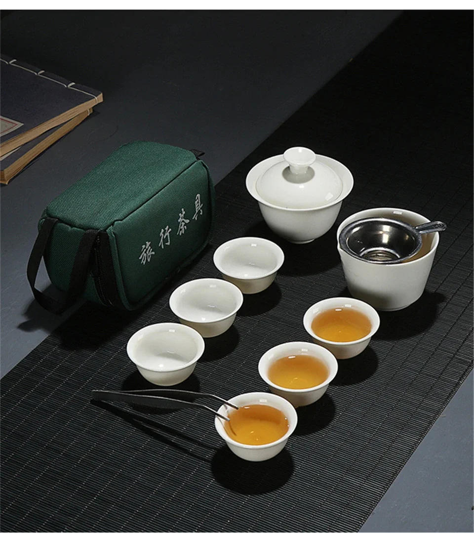 Description Picture 4 of itemSet Chinese Travel Kung Fu Tea Set Ceramic Portable Teacup Porcelain Service Gaiwan Tea Cups Mug of Tea Ceremony Teapot