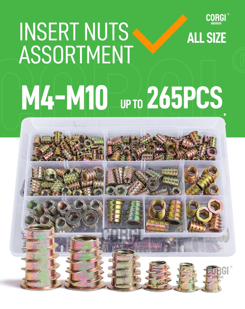 Description Picture 2 of item70-265 Pieces M4 M5 M6 M8 M10 Metric Threaded Inserts Nuts Assortment Kit Zinc Alloy Wood Furniture Hex Socket Bolt Connector