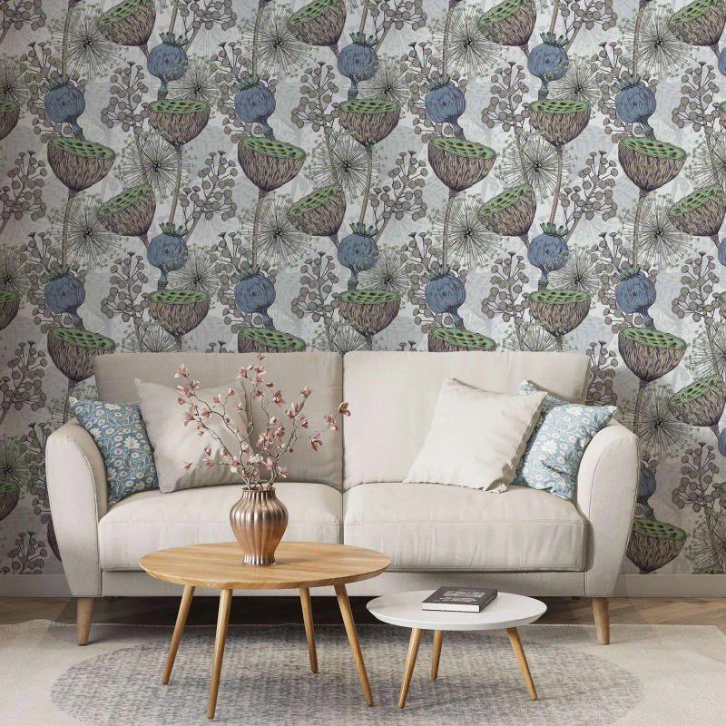 Description Picture 5 of itemLotus Flowers Wallpaper, Watercolor ink paint Lotus Leaves Wall paper in Blue