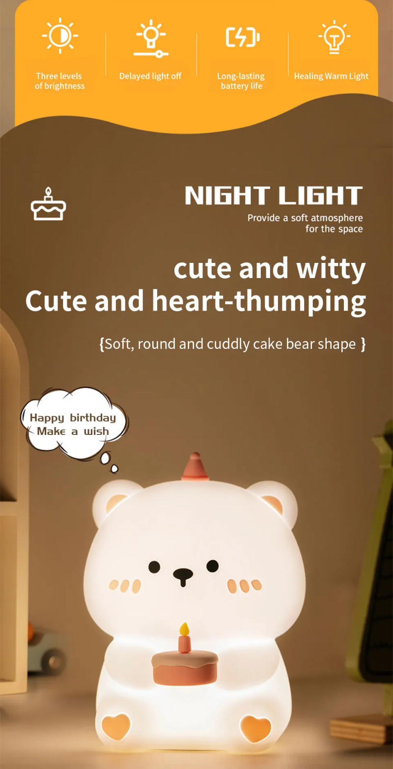 Description Picture 3 of itemLED Night Lights Cute Bear Silicone Lamp USB Rechargeable Timing Bedside Decor Kids Baby nightlight Birthday Gift