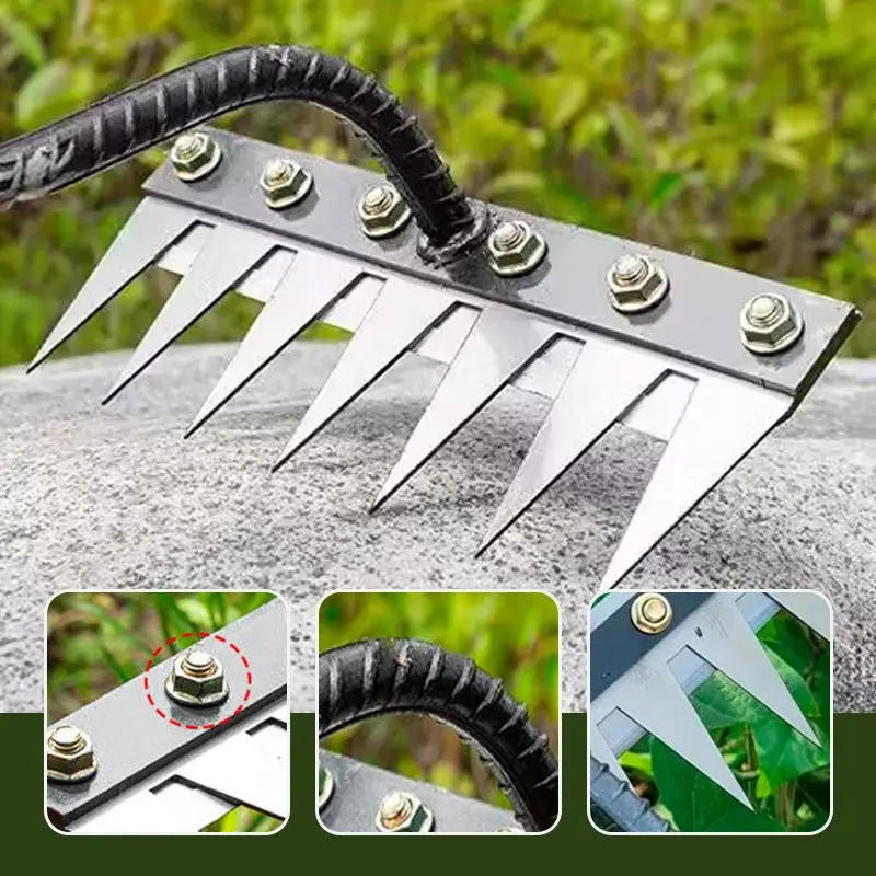 Description Picture 5 of item5/6/7/8 Teeth Carbon Steel Garden Weeding Rake Agricultural Nail Harrow Metal Harrow Farm Garden Weeding Tool