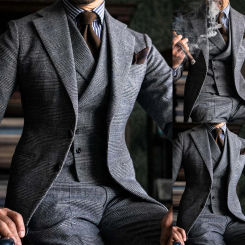 Gray Men Suit Tailor-Made 3 Pieces Blazer Vest Pants Single Breasted Plaid Modern Tuxedo Business Wedding Groom Prom Tailored