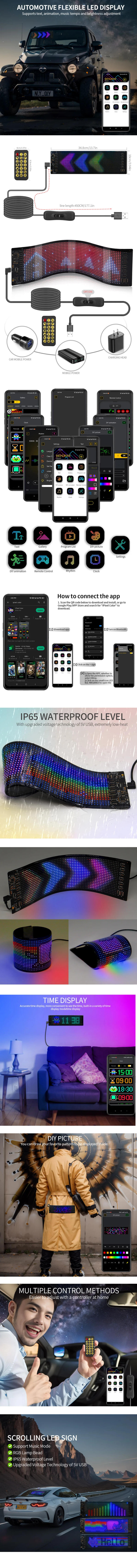 Description Picture 2 of itemRGB Pixel LED Matrix Panel Bluetooth APP USB5V Flexible Waterproof DIY Pattern Picture Scrolling Text Animation Display Car Shop