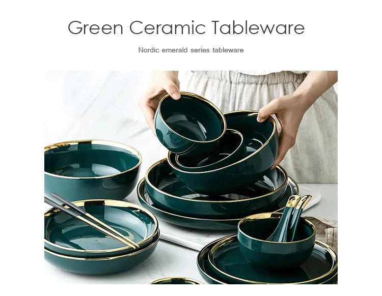 Description Picture 3 of itemGreen Ceramic Gold Inlay Plate Steak Food Plate Nordic Style Tableware Bowl Ins Dinner Dish High End Porcelain Dinnerware Set