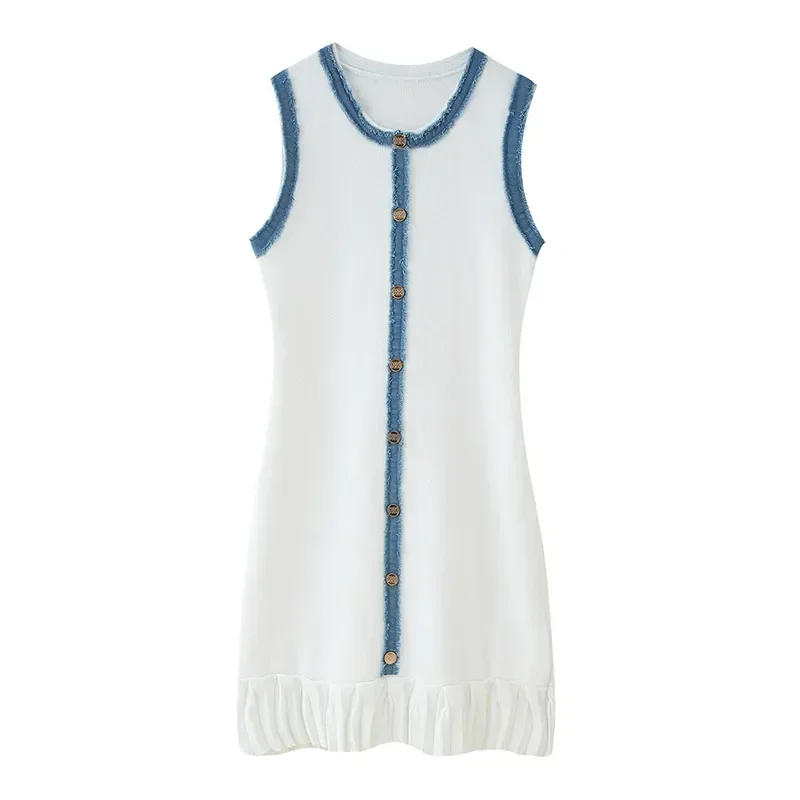 Description Picture 5 of itemWomen Elegant Pleated Patchwork Knitted Mini Dress Lady Round Neck Sleeveless Single Breasted Short Dresses 2025 Fashion Vestido