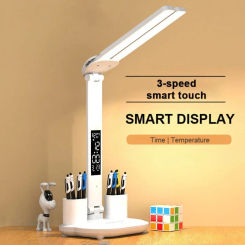 Clock Table Lamp USB Chargeable Dimmable Desk Lamp 2 Heads 180 Rotate Foldable Eye Protection Reading Bedroom LED Bedside Night