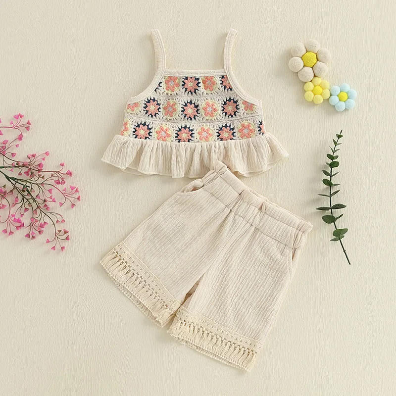 Description Picture 6 of itemSummer Infant Baby Girl Floral 2 Pcs Clothing Set Fashion Toddler Ruffled Trim Sleeveless Tank Tops and Tassel Shorts Clothes