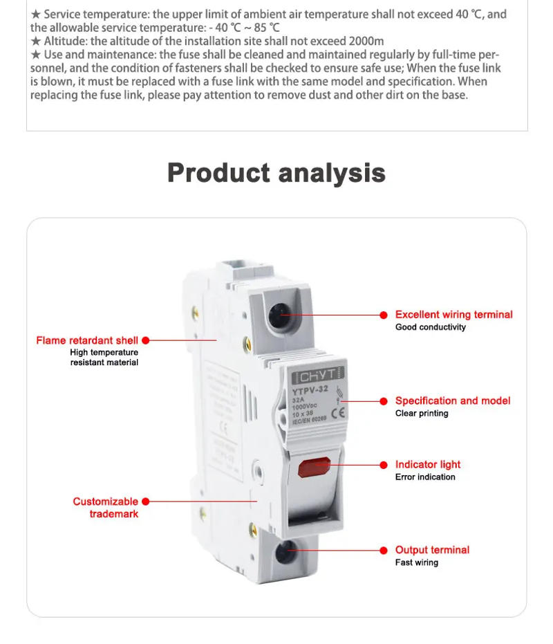 Description Picture 4 of itemNew Products PV Solar Fuse 1000V DC Fusible 10x38 gPV, Fuse Holder for Solar System Protection YTPV-32