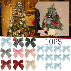 10pcs Christmas Bow Christmas Tree Wreath Decoration Home Black Red Grids Cloth Bowknot Xmas Tree Ornaments New Year Gifts Bow