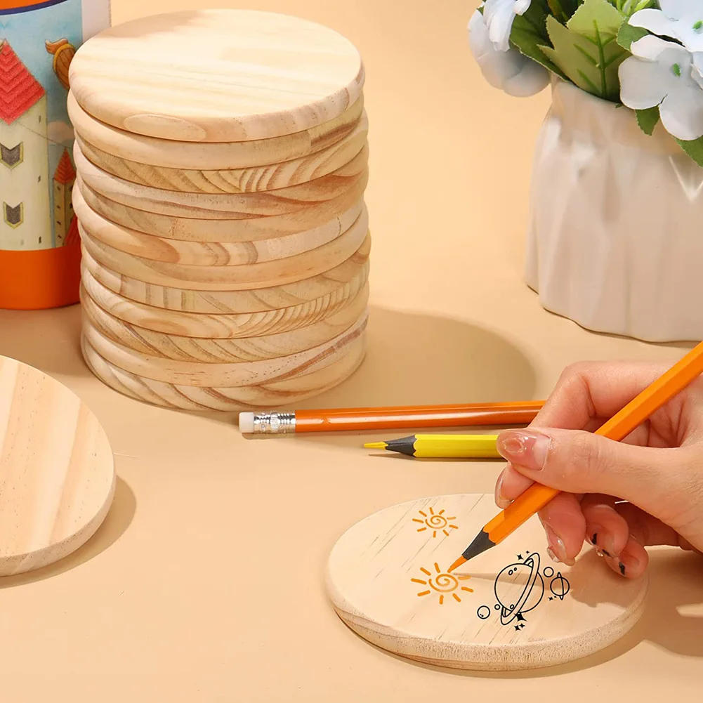 Description Picture 3 of item12pcs Round Wood Circles Unfinished Slices Discs DIY Original Solid Wood Crafts Coasters Painting Engraving Carving Home Decor