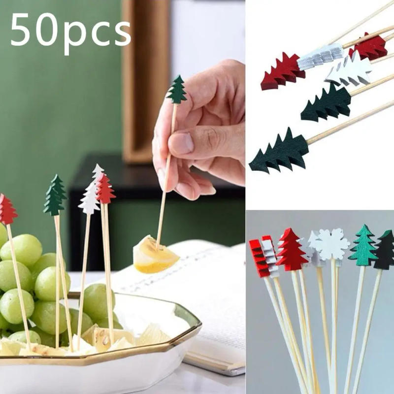 Description Picture 3 of item50pcs Christmas Bamboo Skewer Cocktail Picks Disposable Food Dessert Toothpicks Fruit Sticks Merry Christma Cupcake Cake Decor
