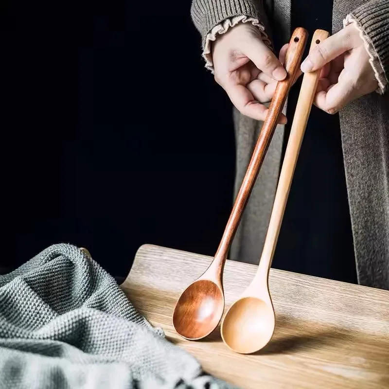 Description Picture 2 of itemLong Wooden Stirring Spoon Natural Wood Soup Tableware Cooking Honey Coffee Spoon Mixing Spoon