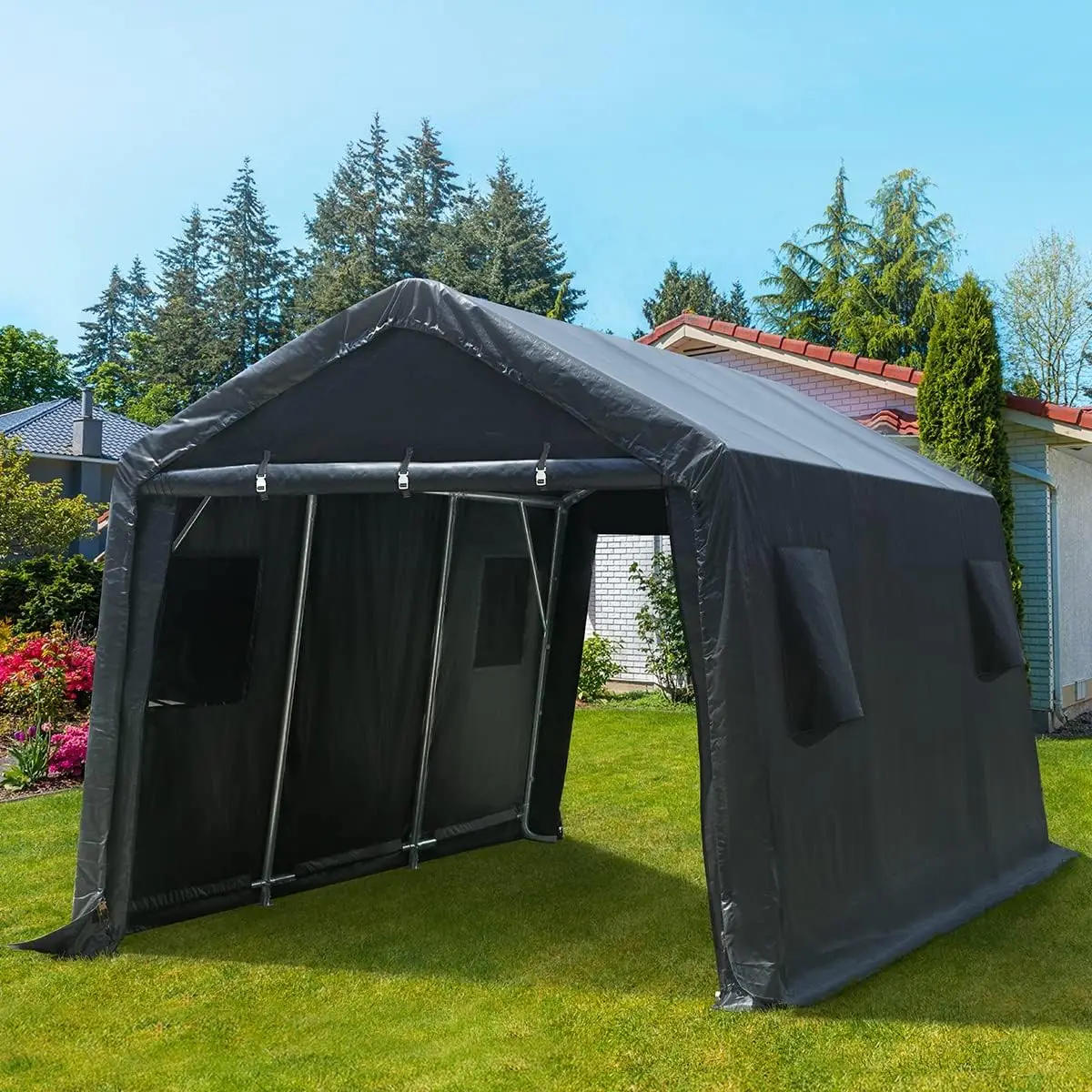 Description Picture 6 of item10X15 ft Garage Shelter Steel Metal Peak Roof Anti-Snow Portable Storage Shed Carport with 2 Roll up Doors & Vents