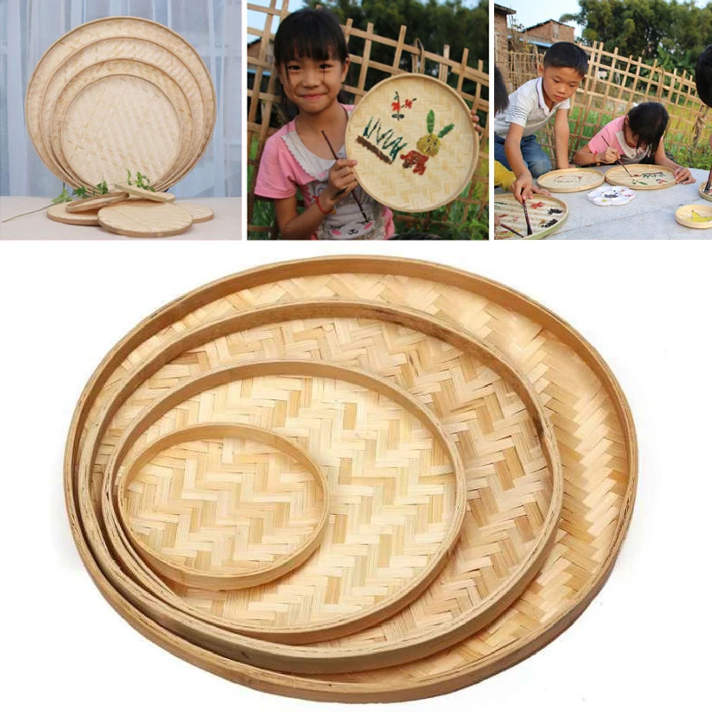 Description Picture 3 of item13/18/22/30/36cm Handmade Weaving Bamboo Sieve Raft Round Storage Trays Basket DIY Home Decor Fruit Bread Basket Kitchen Storage