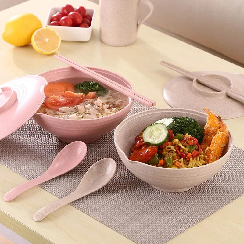 Description Picture 2 of itemHousehold Tableware Set for instant food - 3pcs Wheat Straw Bowl, instant noodles bowl With Lid, Spoons and Chopsticks