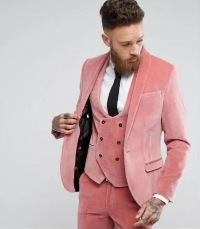Description Picture 2 of itemCustom 3 Pics Fashion Winter Groom Wedding Dress Slim Fit PINK Velvet Men's Tuxedo Suit Jacket + Vest + Pants