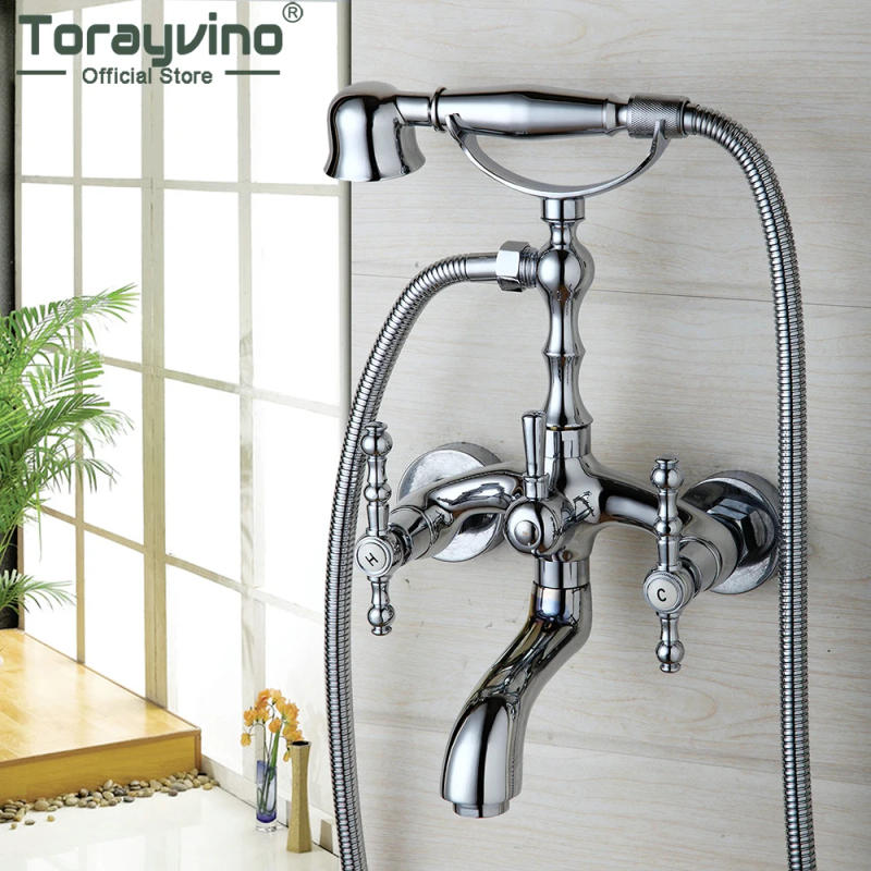 Description Picture 2 of itemTorayvino Chrome Bathtub Faucet Telephone Style With Sprayer Hand Shower Rotate Spout Faucets Wall Mounted Tub Mixer Water Tap