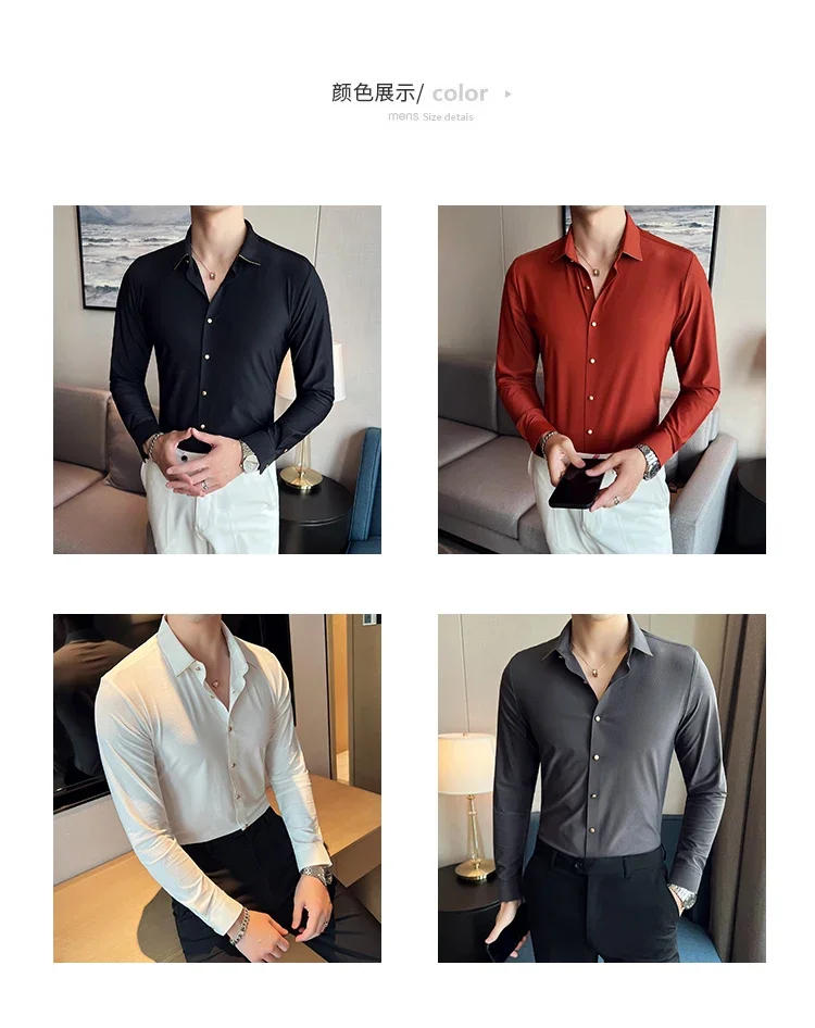 Description Picture 3 of itemSpring New High Elastic Phnom Penh Long Sleeve Men Shirts Dress Simple Slim Fit Casual Prom Tuxedo Formal Wear Chemise Homme 4XL