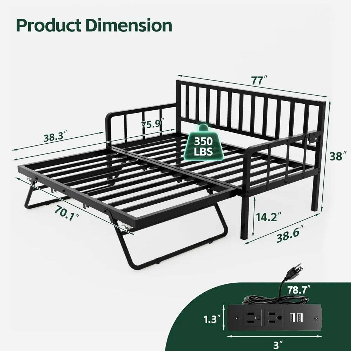 Description Picture 3 of itemDaybed with Trundle Bed, Twin Bed Frame with Charging Station and LED Lights, Metal Sofa Day Bed with Pop Up Trundle