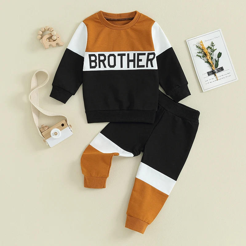 Description Picture 2 of itemToddler Boy Fall Clothes Contrast Color Letter Print Long Sleeve Pullover Elastic Waist Pants 2Pcs Outfit