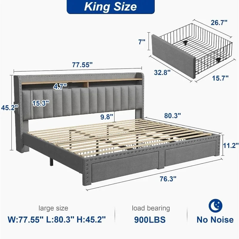 Description Picture 3 of itemZHENXIANG King Size Bed Frame with Storage and Headboard, Upholstered King Bed Frame/Storage, Grey King Bed Frame with 2 Drawers
