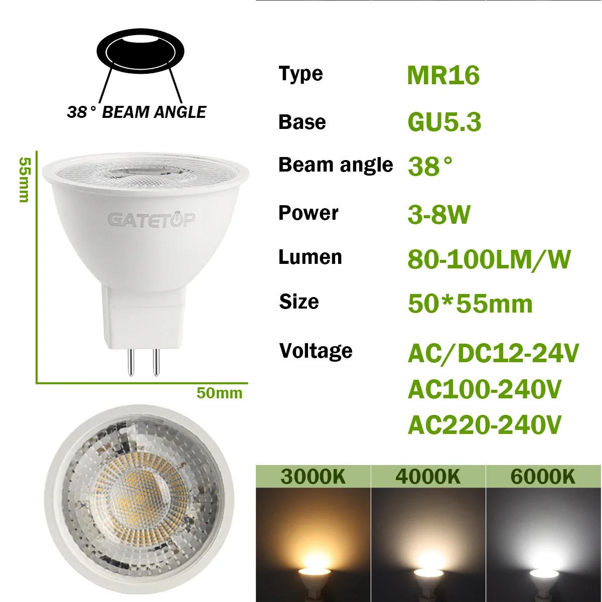 Description Picture 6 of item50PCS Gu5.3 LED Spotlight Mr16 AC220V AC110V DC12V 3000K/4000K/6000K Lighting Bulbs Lamp for Home Living Bedroom Home Derection