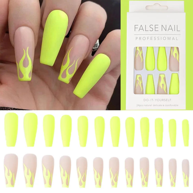 Description Picture 2 of itemFrosted Fluorescent Yellow Flame Wearable Nail Art Long Coffin Press on Nails Detachable Matte Finished False Nails with Glue