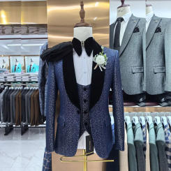 Luxury Suits for Men 3 Piece Jacket Pants Vest Male Clothing Black Shawl Lapel Flat Blazer One Button Slim Fit Prom Party Sets