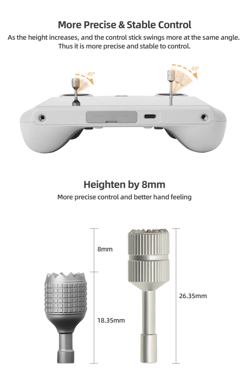 Description Picture 4 of item1 Pair for DJI RC / RC 2 Remote Controller Extended Joystick Aluminum Thumb Stick Rocker for DJI Mini 3 4 Pro Drone Accessories