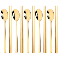 304 Stainless Steel Cutlery Set Sushi Sticks Dinner Spoons Set 10Pcs Dinnerware Korean Chopsticks Dessert Spoon Flatware Set