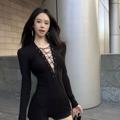 Bodysuit Sexy Women Clothes Gothic Korea Streetwear Bandage Long sleeves Jumpsuit EMO Girl Kpop Bodysuits coquettish Overalls