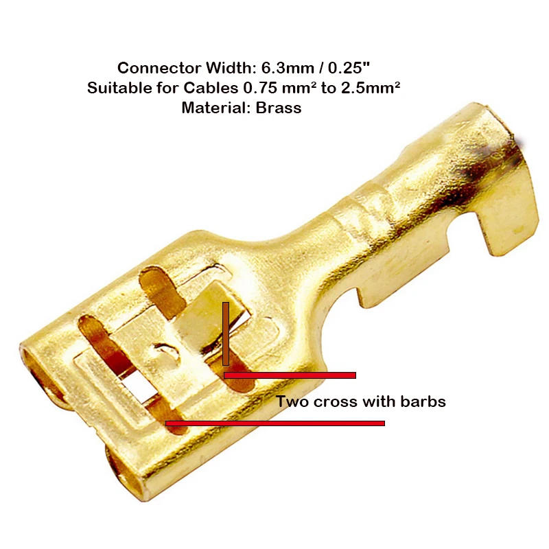 Description Picture 2 of item50/100/200pcs Female Spade Quick Splice Crimp Terminals 6.3mm Crimp Connector Non Insulated Terminal