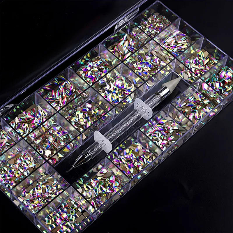 Description Picture 4 of item2800pcs Nail Art Rhinestones Kit Boxed 21 Grids Mixed Size Set 1pc Pick Up Pen Glass Crystal Decorations 3D AB Flat Gemstones