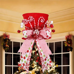 Christmas Tree Topper Hat Striped Bow Cute Xmas Decoration New Year Kids Gifts Party Treetop Decor for Home Party Holiday Decor