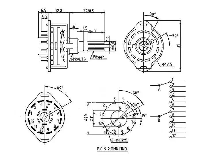 Description Picture 3 of itemRS25 Shaft Panel Mount 1P11T 2P4T 2P5T 2P6T 3P3T 3P4T 4P3T Rotary Switch Selector Band